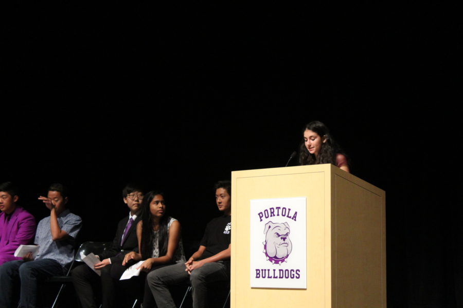 Liz Moerman speaks at the ASB election assembly.