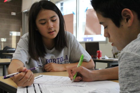 Peer tutor Lauren Hwang assists freshman Andre Quiroz with functions and other math topics during eighth period.