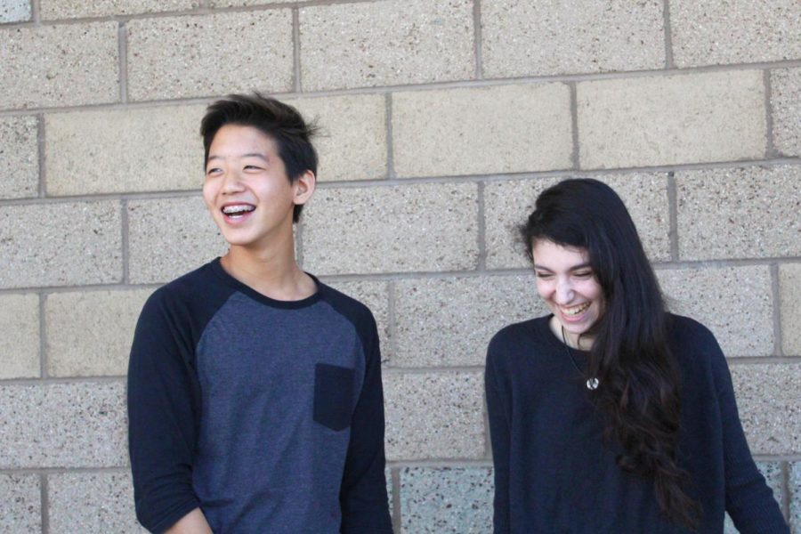 Freshman Jun Kim and sophomore Liz Moerman laugh as they relax during break; working together in both ASB and as co-anchors has strengthened their bond and friendship. 
