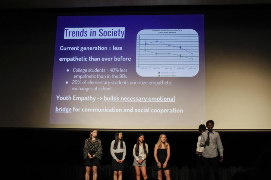 Freshmen Abby Hopper, Ariana Wu, Akshay Raj, Faith DeNeve, Jane Kim and Satvik Chennareddy presented their project “Higher Empathy for Youth” to students and panelists in the audience. 