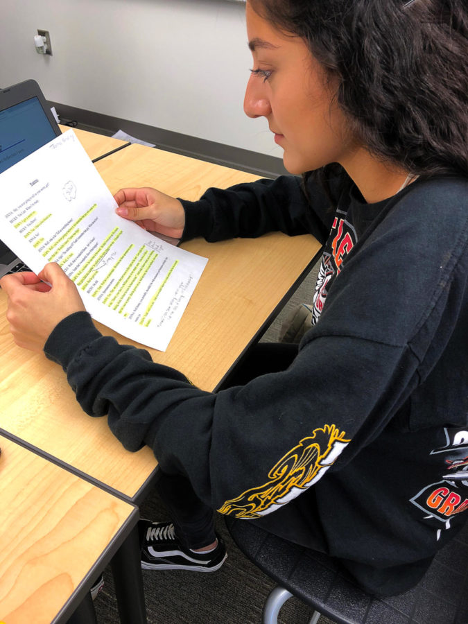 Drama 2 student and sophomore Giselle Villegas practices memorizing her lines from her monologue, which is her final project of the year.