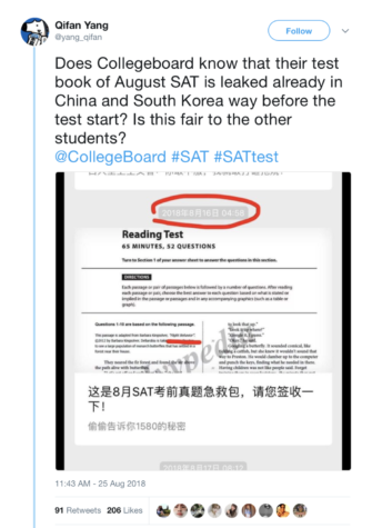This tweet by Twitter user Qifan Yang, published just hours after the SAT had been administered in the United States, revealed that the August exam had been used for studying by many East Asian students prior to the test.