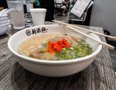 One of Shin-Sen-Gumis popular dishes, Hakata Ramen, featres a deep and flavorful soup base topped with noodles customized to cook the way you order it. The ramen also comes with pieces of pork belly, green onion and ginger. 