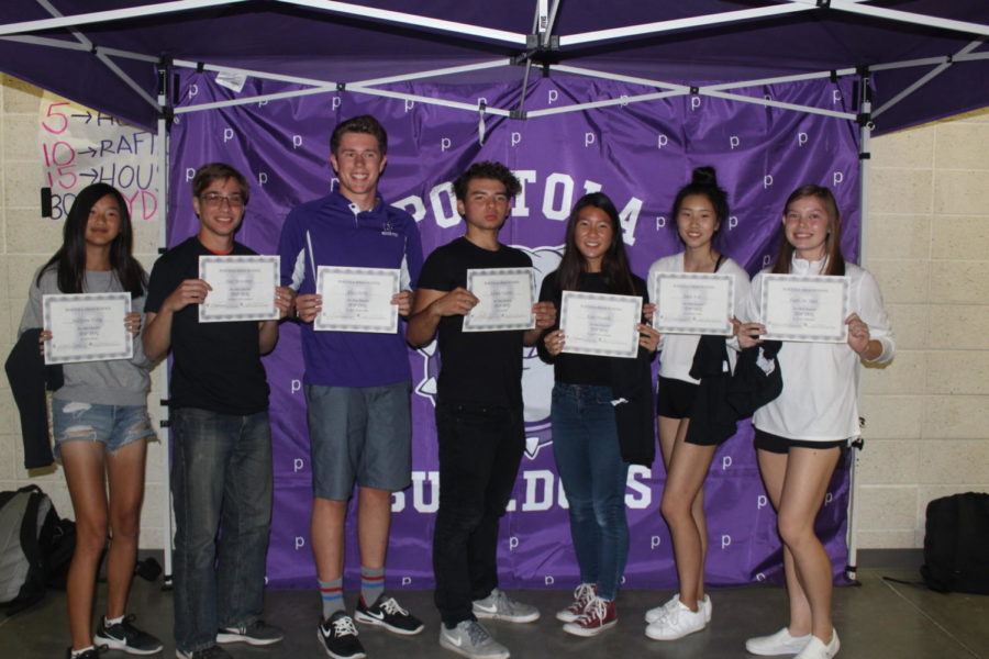 Fall Top Dog award recipients included: Adelynne Wong, Paul Morenkov, Alex Cherry, Adrian Valerin, Kate Hayashi, Jaein Kim and Faith DeNeve. Although she won an award, sophomore Kenzie Edson is not pictured.