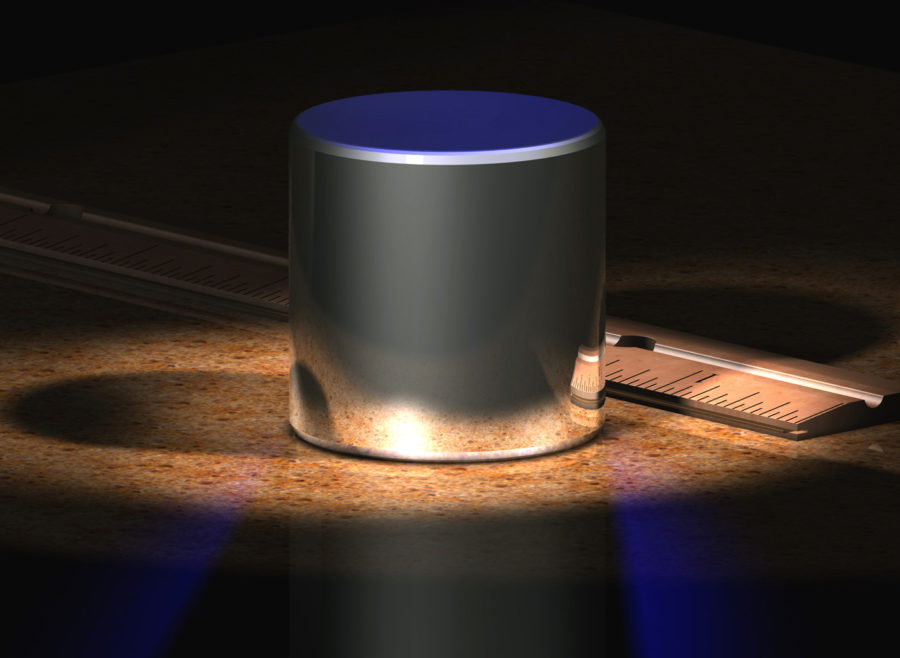 The cylinder is a computer-generated model of the old International Prototype Kilogram (IPK).