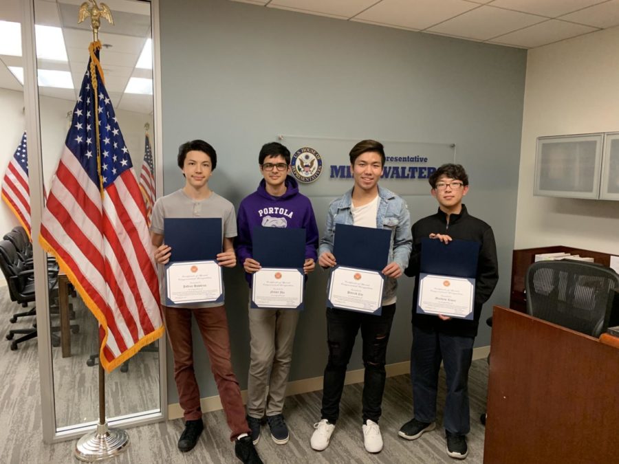 Brian Hawkins, Nikhil Jha, Patrick Cui and Matthew Kwon received the Congressional App Challenge award on Nov. 30 for their work on Portolapp, which was built to help students with the no bell system.