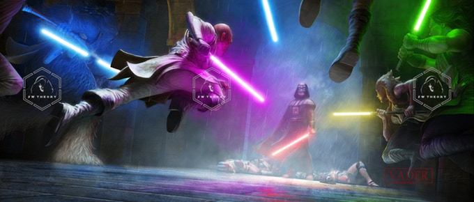 Concept art for the film, showing several jedi engaged in battle with Darth Vader, a sith lord.