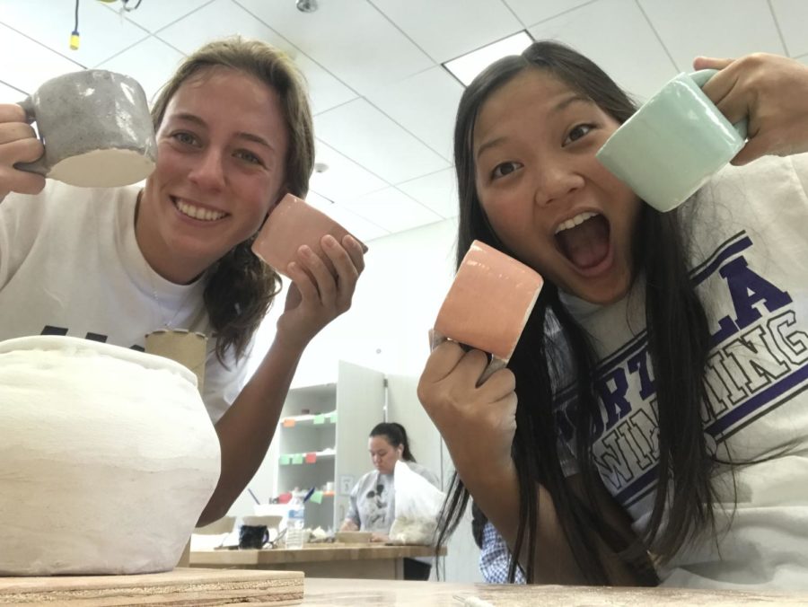 Students+Niki+Szekely+and+Haley+Truong+created+mugs+and+pinch+pot+bowls+in+an+array+of+different+sizes%2C+shapes+and+colors.+After+completing+assigned+projects%2C+students+are+able+to+utilize+their+free+time+and+express+creativity+through+sculpting+personalized+projects.