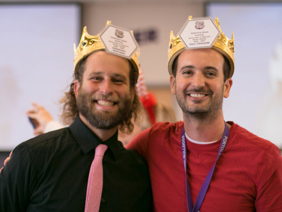 After listening to the kind words their colleagues shared about them during the holiday luncheon, teachers Eric Graham and Desmond Stevens are crowned the 2018-19 teachers of the year for demonstrating Portola’s PRIDE values.
