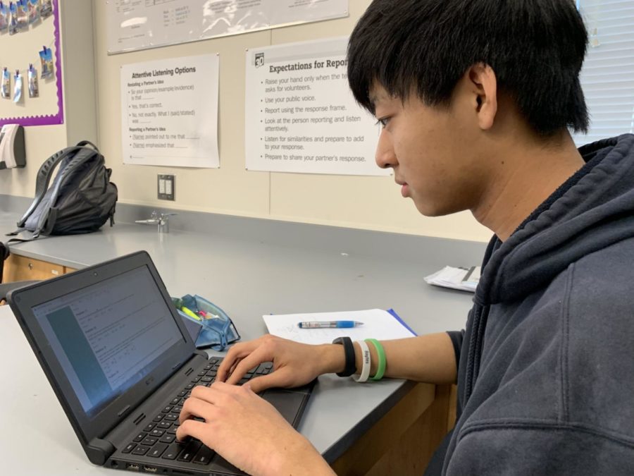 Many teachers utilize interactive student learning programs such as Quizlet Live where students compete in teams to see who can provide correct answers in the least amount of time. Here, in Chinese class Junior Leo Yu utilizes his Chromebook to participate in Quizlet Live to help him review vocabulary.