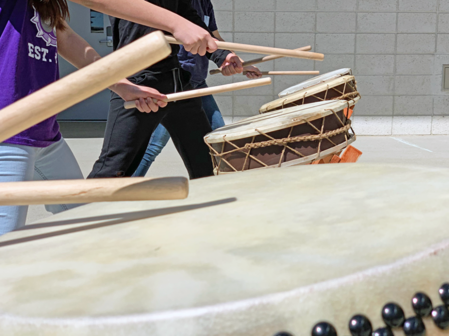 Taiko Club’s drumline performs its “Renshuu” demonstration, a simple arrangement of basic group drumming patterns which they have been practicing since the beginning of the year.