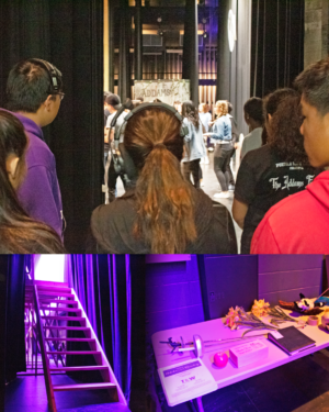 (Top) Technical theater students watch a rehearsal from backstage, ready to respond to every cue. (Bottom Left) Students built their own flight of stairs backstage that will be used by singers. (Bottom Right) The prop table holds a variety of objects that will be used throughout the show.