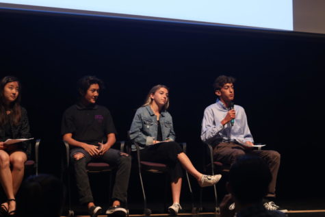 Belal Ibrahim responds to a question about how he intends to bring more spirit to Portola’s Poseidon house as (from left) Tawni Sugita, Matthew Vo, and Jordan Amlen look on.