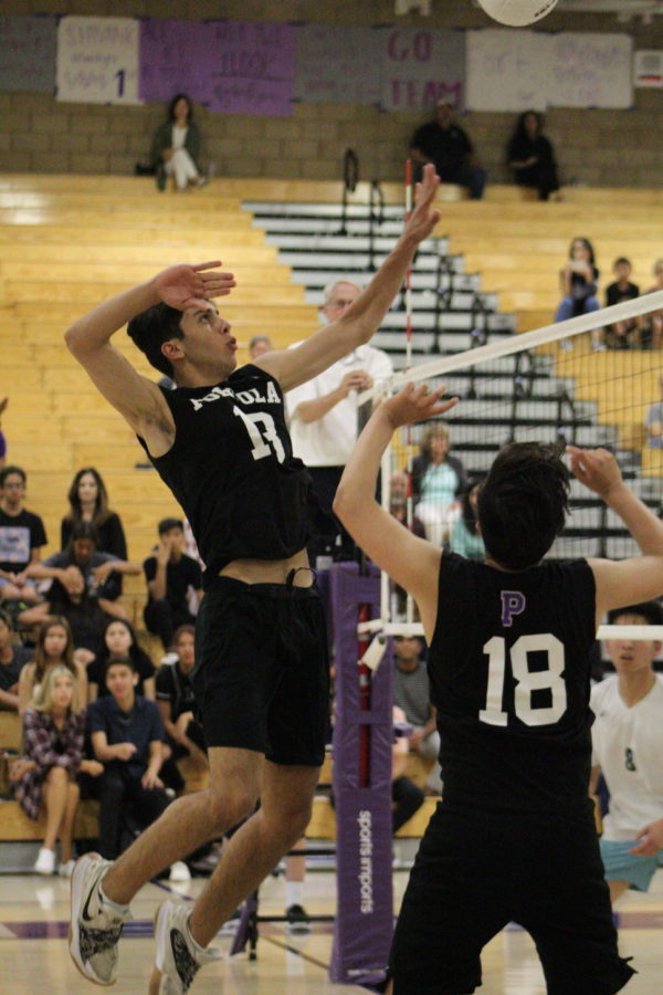 Middle blocker and junior Saif Habibeh leaps up in position to spike a ball from setter and junior Shivank Gupta during the second set; this time, players like Habibeh were able to score points against Irvine High due to a renewed sense of vigor and determination that put the Bulldogs ahead by a few points at one time.