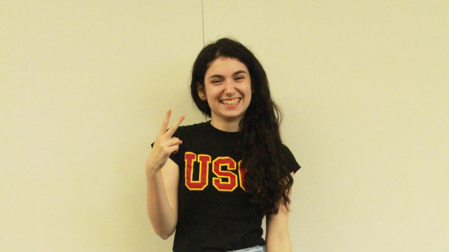 Liz Moerman sports a shirt from her future alma mater. USC became Moerman’s dream school when her mom, a professor at USC, first introduced her to the campus. 