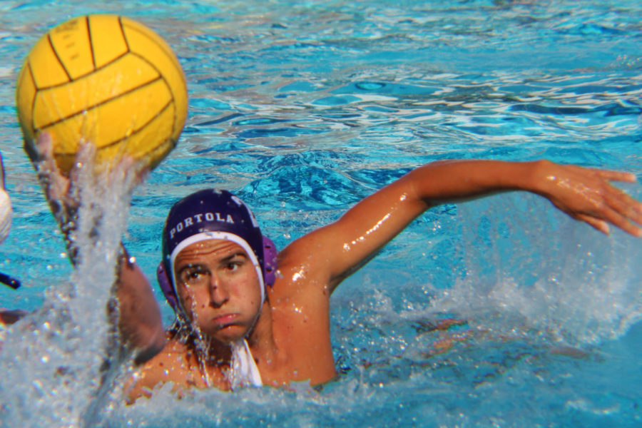 Senior and co-captain Dylan Gates aggressively swims towards a Crean Lutheran player, in an attempt to steal the ball. Being able to quickly transition from defense to offense with swift turnovers was one of Portola’s strengths that lead to the team’s victory.