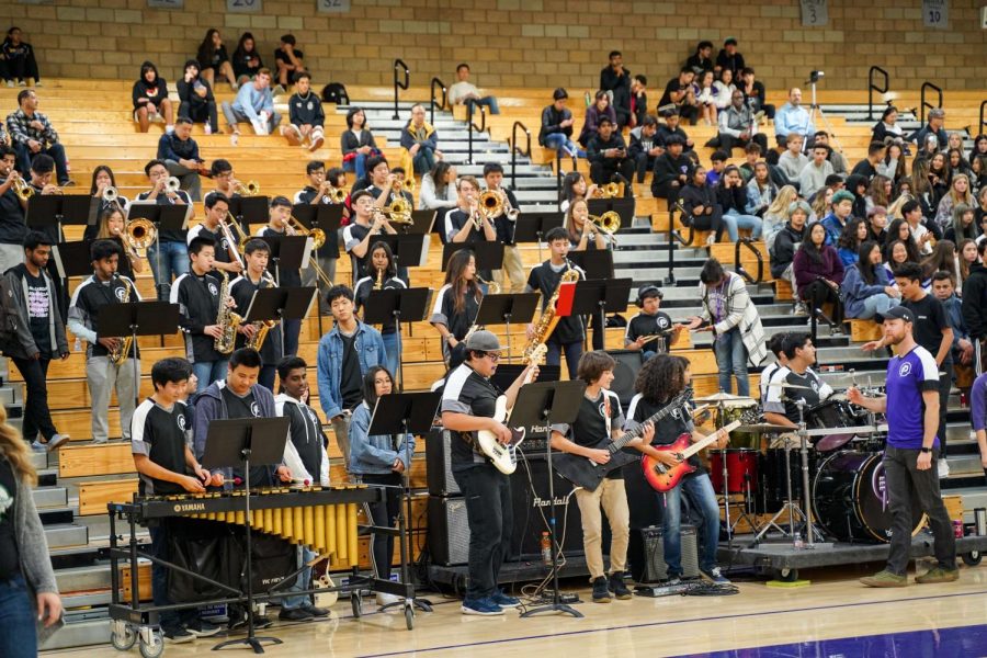 The Pride of Portola Jazz Ensemble led by music teachers Desmond Stevens and Kyle Traska perform pep tunes on the stands, heightening the team spirit of students on the stand and players. Among the pieces played were “Blitzkrieg Bop,” “Celebration” and “Everybody Dance Now.”