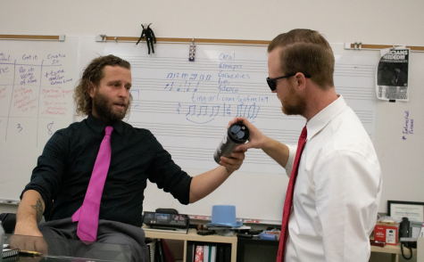 During break, students can often find music directors Desmond Stevens and Kyle Traska conversing in the music room about topics ranging from instrumental compositions to the many ways that one can decorate a water bottle. 