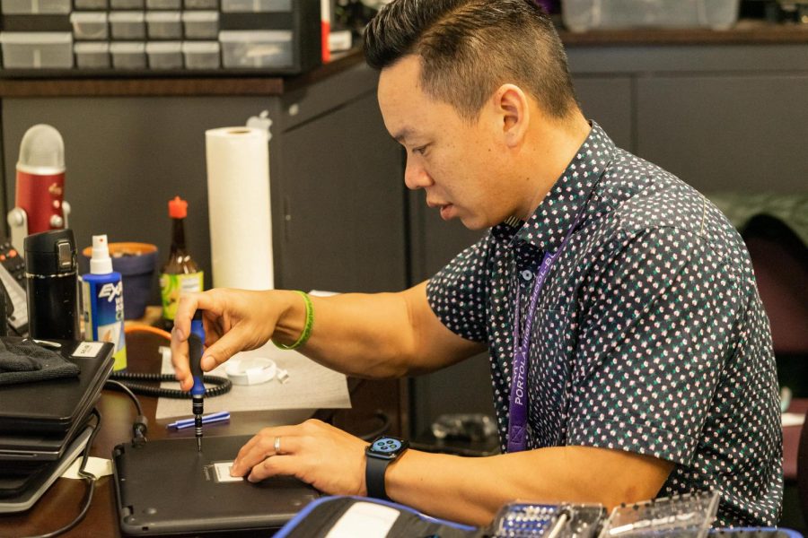 Trinh’s career as Portola High’s computer specialist began in 2017 after transferring from Ladera Elementary school. Shortly after his move in 2018, he was put in charge of the school’s one-to-one chromebook device program. He works behind the scenes during the school day and even breaks to troubleshoot and repair students’ personal devices.