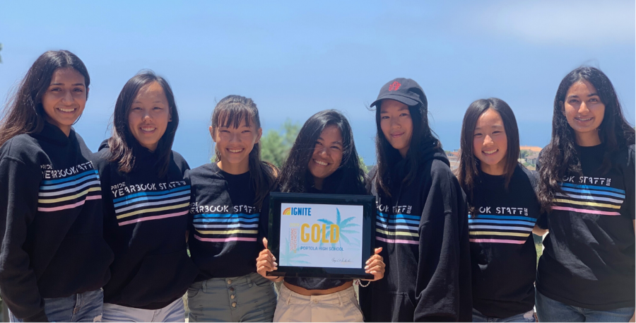 IGNITING PASSION. Sophomore Maya Vanek, senior Maddy Noh, sophomore Sophia Steinert, seniors Kaitlyn Nguyen-Pham and Grace Tu, junior Haley Hosokawa and sophomore Safah Faraz represented the yearbook staff at the annual IGNITE yearbook camp held at Pepperdine University. While they have won gold in the past, they were only one of four programs to win a gold award this year.