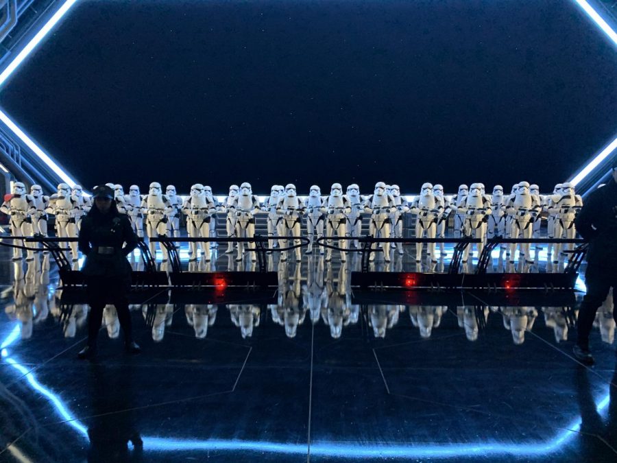 As guests get ready to board the ride, an army of Stormtroopers are there  guarded by cast members dressed as soldiers for the First Order to contribute to the theming of the ride.
