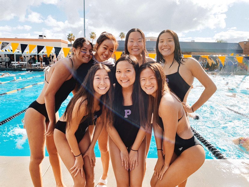 Senior Gabi Taylor, senior Eden Yeh, junior Adele Yoon, junior Kai Wong, junior Kaitlyn Suk, senior Haley Truong and junior Tiffany Lee always come together for support before competing at the annual Capistrano Valley Relays Meet.