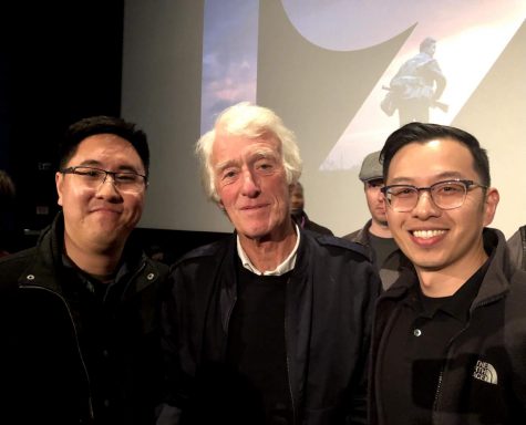 On the right, science teacher Michael Tang stands next to two-time Oscar-winning cinematographer Roger Deakins, with friend and fellow movie buff Paul Hsu on the left at a premiere for the 2019 film “1917.” Deakins won Oscars for "Blade Runner 2049" and "1917" and is one of Tang's favorite cinematographers.