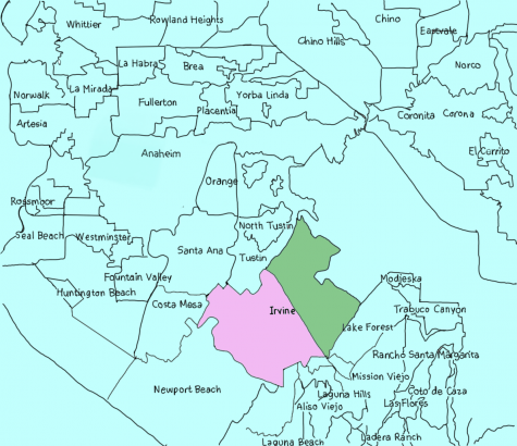 The proposed map for the California Senate district splits Irvine between its northern and southern regions. This redistricting drawing plan is one of the most drastic of the proposed changes to the California Assembly and the federal Senate.