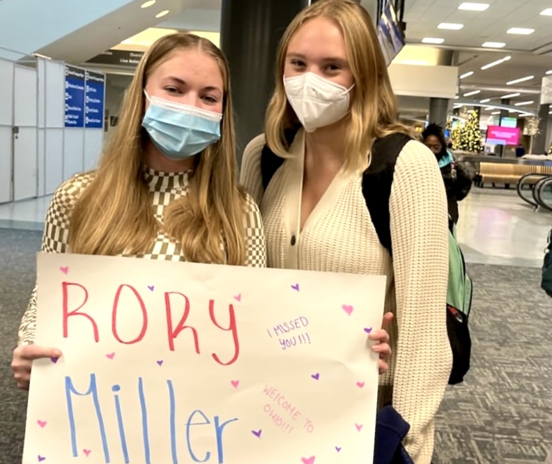 On a trip back to Ohio in 2021, sophomore Rory Miller hugs her best friend Ursuline Academy sophomore Gwenny Hesketh, who she has not seen in over six months. Miller had attended Ursuline Academy while living in Ohio.