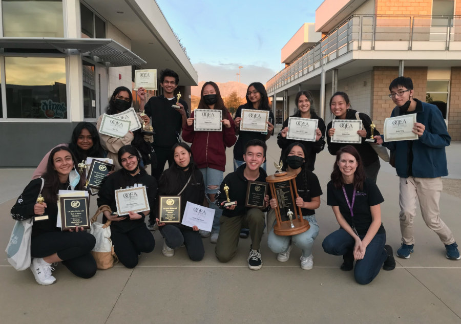 Top Row: junior Dheeksha Bhima Reddy, junior Arnav Chandan, sophomore Kayleen Kim, junior Sidra Asif, senior Clara Ferreira Lopez, senior Michelle Kim and senior Justin Tang. Bottom row: sophomore Shaina Taebi, junior Arshia Sista, sophomore Tara Vatandoust, junior Cara Chan, senior Ryne Dunman, senior Claudia Lin and adviser Brianna Rapp. Lin believes that it was a good learning opportunity for all who attended and competed. “Its just everyone coming together to kind of appreciate and celebrate journalism in the form of competition and also just appreciating other peoples newspapers,” Lin said.