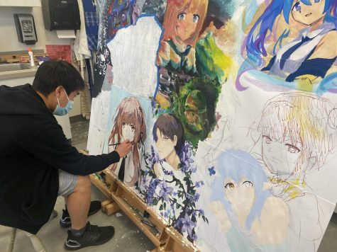 Senior Michael Vu finishes up his last touches on Hoshino Ichika, the main character of video game series “Collar X Malice.” Combining the styles of different artists in the AP Studio Art class, the mural showcases not only the diversity of styles in anime art but also the synergistic sense of community within the class. 