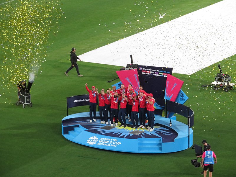 England’s cricket team celebrates joyously as they win the ICC Men’s T20 World Cup final against Pakistan at Melbourne Stadium on Nov. 17.