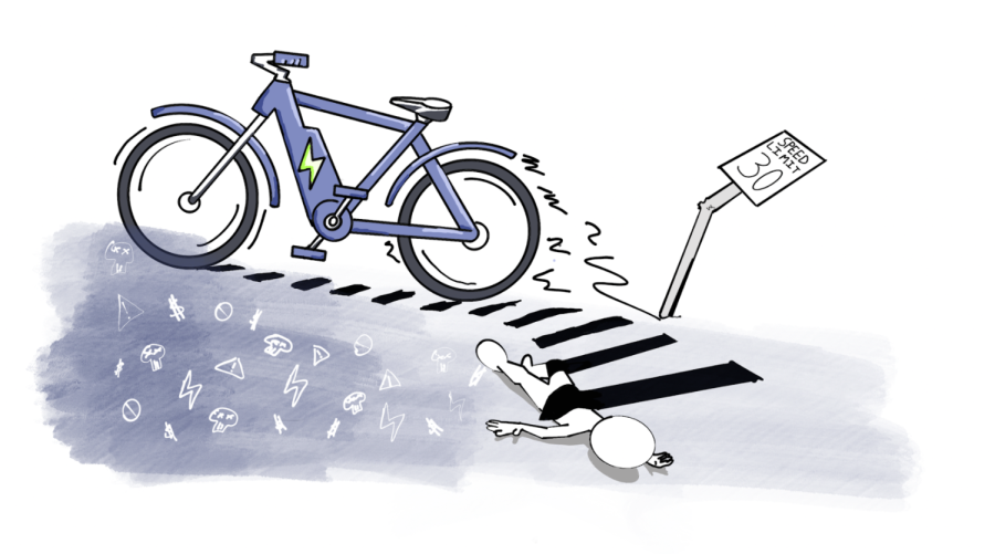 A careless student riding his e-bike streaks past the speed limit. The uncontrollable speed causes him to fall hard on the ground, unmoving.