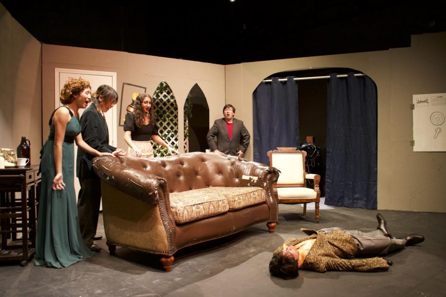 Polly Benish (junior Kody Lin), Henry Benish (junior Jason Wu Chen), Violet Imbry (junior Niki Abbaszadeh) and Billy Carewe (junior David Sloan) watch in astonishment as they witness Dr. Rex Forbes (junior Ethan Chan) faint from the curse of the Darjeeling Diamond necklace, crumpling to the ground.
