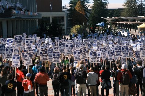 Students and workers gather at Berkeley, California to protest unfair wages and working conditions as part of a larger UC-wide strike.