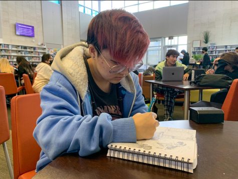 Senior Charis Kim sketches her original characters Polaris and Aron as she experiments with different design options. Kim draws inspiration for her art from media she consumes, such as movies “Spider-Man: Into the Spider-Verse” and “The Mitchells vs. the Machines.”