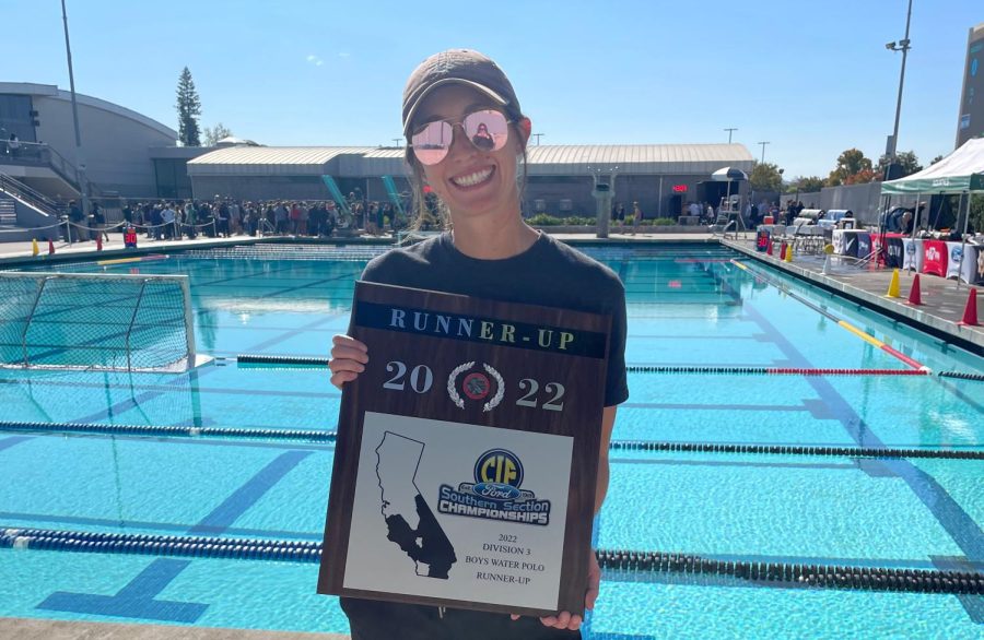 Orange+County+boys+water+polo+coach+of+the+year+Kate+Avery+holds+up+her+CIF+Division+3+runner-up+plaque.+