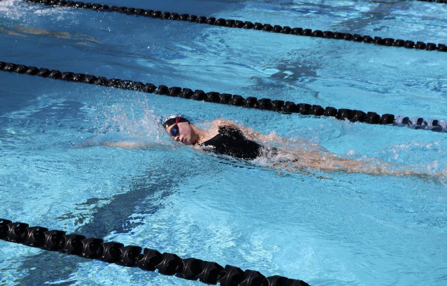 Freshman Leila Ceranic does backstroke, the only swim stroke that is performed on the back and one of the four swimming styles in competitive swimming, during the varsity  practice on Tuesday.