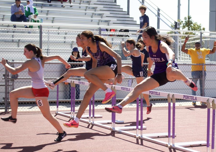 Senior+Leena+Malik+and+sophomore+Hannah+Ko+compete+in+the+varsity+100-meter+hurdles+event.+Malik+finished+in+second+place+at+17.05+seconds+and+Ko+finished+in+sixth+place+at+17.84+seconds%2C+both+qualifying+for+Pacific+Coast+League+finals.