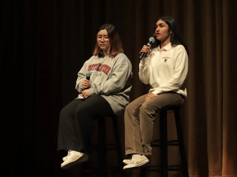 Seniors Madyson Chung-Lee and Shefali Sinha perform a cover of “Slipping Through my Fingers” by ABBA during Irvine Talks’ sixth annual event at Woodbridge High on April 15. “Our performance had a lot to do with us being able to tell our story of how we were this group of vulnerable freshmen who didnt know what we were doing,” Chung-Lee said. “And now, weve grown into seniors who now have found their passion and love of things together.”