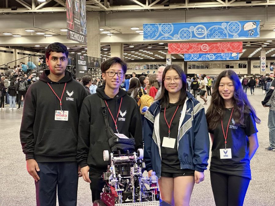 3759X members and juniors Pranav Patlola,  Martin Pan, Adrianne Chang and Audrey Kim from Fairmont Prep pose with their fourth place winning robot at the 2023 VEX Robotics World Championship in Dallas, Texas. Eight hundred teams qualified for the world championship out of about 20,000 states teams, according to Pan.