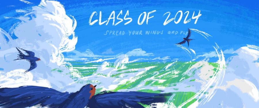 Junior Yasmine Cheng first designed the senior mural by hand for the Class of 2024, which represents birds soaring over the sky. “I was just thinking of being free, being independent, choosing your own path, and when we leave high school, we basically can set our own course,” Cheng said. “I was trying to draw this piece and how I reflected on my past few years at this school.”