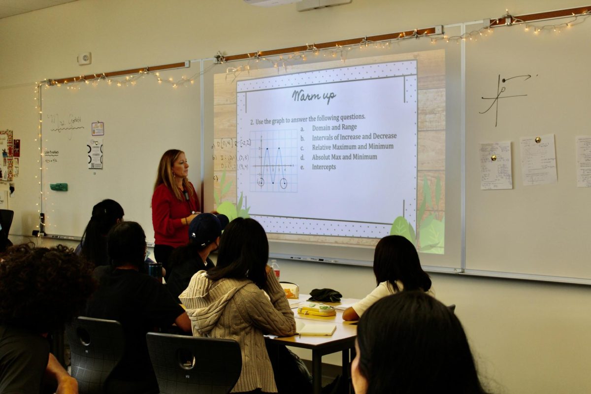 Math teacher Shelley Godett discusses a warm-up question with her Period 7 AP Precalculus class. Students learn about the fundamentals of polynomial and rational functions during the first unit of the course.