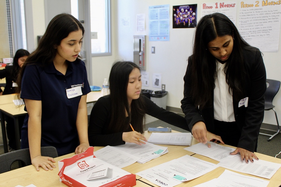 Senior Haniya Hassaan and juniors Zoe Nguyen and Anaika Nagireddy prepared their sports and entertainment marketing presentation for a panel of judges. Students were given 10 minutes to prepare for their event and were split into groups of two to three attendees.