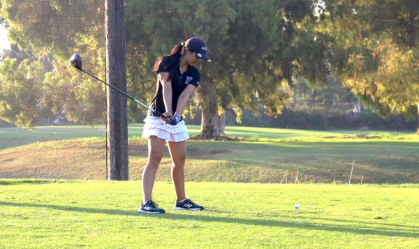 Co-captain and junior Zoe Wynn prepares to hit a golf ball at hole 5, where she achieved a birdie. 