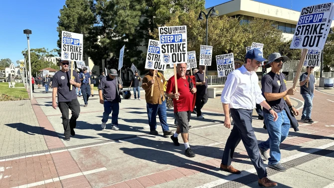 Skilled trade workers at the San Diego State University march across campus, conveying their frustrations with wages and the salary pay structure, according to KPBS.