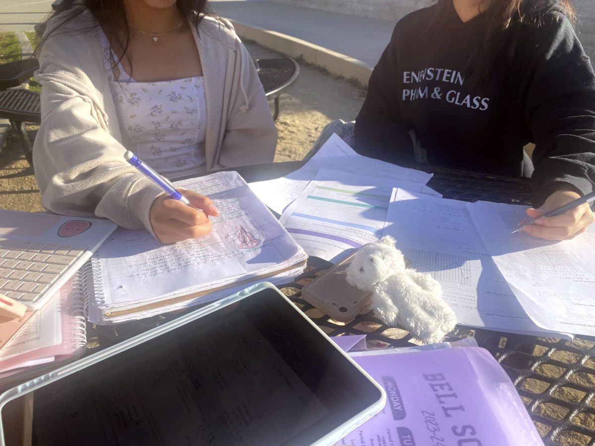 Juniors Danica Dagdag and Josephine Nguyen study before class on the outside tables. Together, they use the study strategy of collaboration to work on their psychology and math assignments.