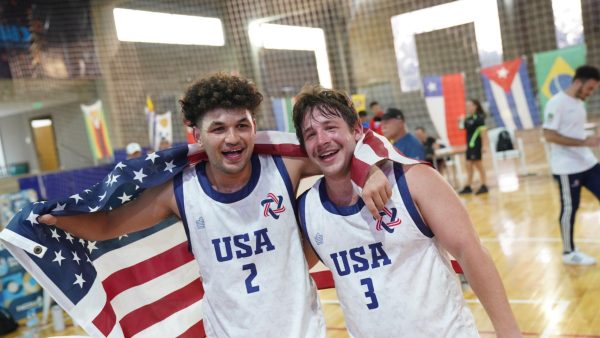 Portola High alumnus and Calvin University junior Josh Steinberg celebrates with teammate Charlie Trey-Masters after winning gold at the 2023 Pan American Maccabi Games in an open men’s 3v3 basketball tournament in Buenos Aires, Argentina.