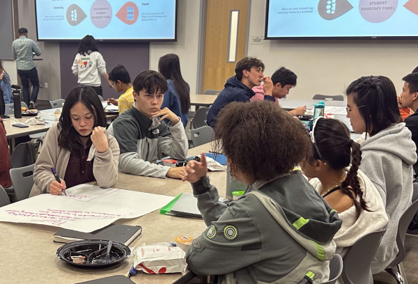 Senior Kate Abalos and junior Bill Song take notes on prominent issues with Portola Highs learning environment after brainstorming with a group of students from Irvine Virtual Academy and Creekside High through engaging discussion.