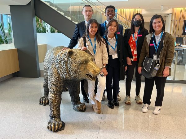 Junior Bill Song, senior Gabe Mutsvangwa, junior Sophie Guilfoile, junior Evelyn Lai, senior Kate Abalos and junior Mia Jong (left back to front right) represented Portola High at the 2024 IUSD Sacramento student advocacy trip. The trip encourages critical thinking and student engagement in political discussion, according to Resendez. “You have to sit in a room with a legislator, and have the courage to stand up and say, I have a story to tell, and you need to know about it,” Resendez said. 